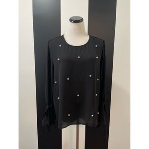 Women’s Black Long Bell Sleeve Chiffon Blouse with Pearls